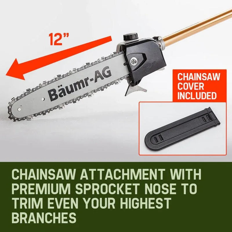 BAUMR-AG 65cc 7in1 Long Reach Garden Multi-tool, Pole Saw, Hedge & Line Trimmer, Brush Cutter, 12" Tree Trimming Pruning Chainsaw Bar, 2 Extension Shafts - Mekamart Australia