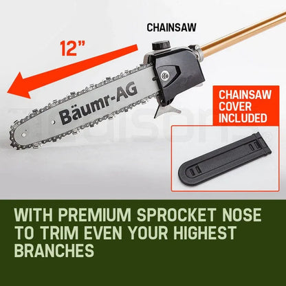 BAUMR-AG 65cc 9in1 Long Reach Garden Multi-tool, Pole Saw, Hedge & Line Trimmer, Brush Cutter, 12" Tree Trimming Pruning Chainsaw Bar, 2 Extension Shafts - Mekamart Australia