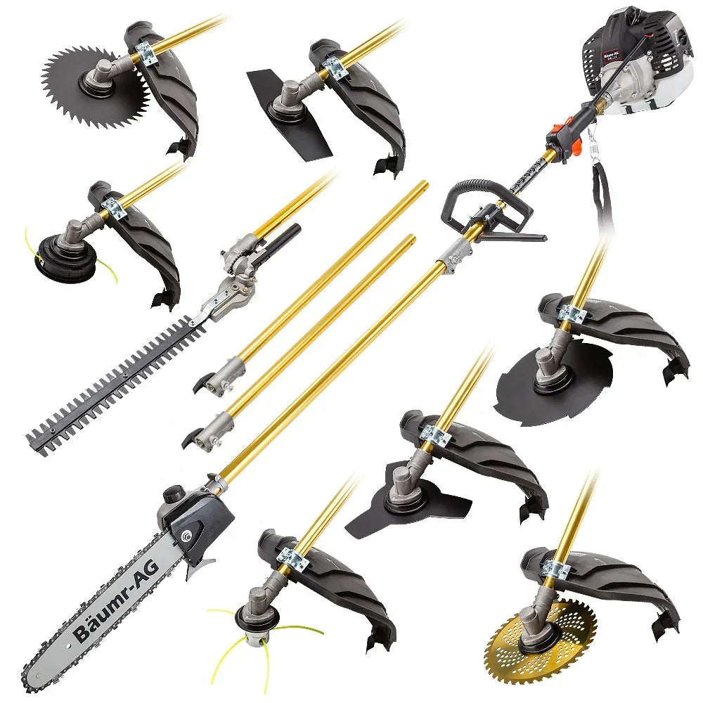 BAUMR-AG 65cc 9in1 Long Reach Garden Multi-tool, Pole Saw, Hedge & Line Trimmer, Brush Cutter, 12" Tree Trimming Pruning Chainsaw Bar, 2 Extension Shafts - Mekamart Australia