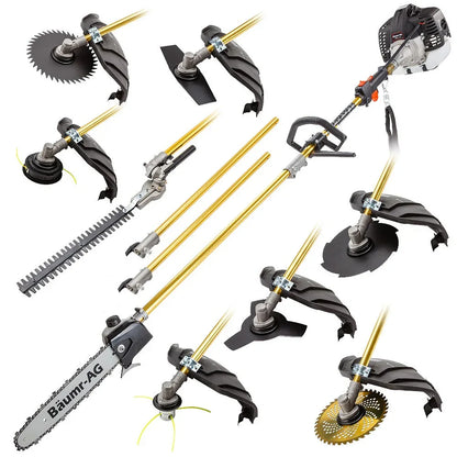 BAUMR-AG 65cc 9in1 Long Reach Garden Multi-tool, Pole Saw, Hedge & Line Trimmer, Brush Cutter, 12" Tree Trimming Pruning Chainsaw Bar, 2 Extension Shafts - Mekamart Australia