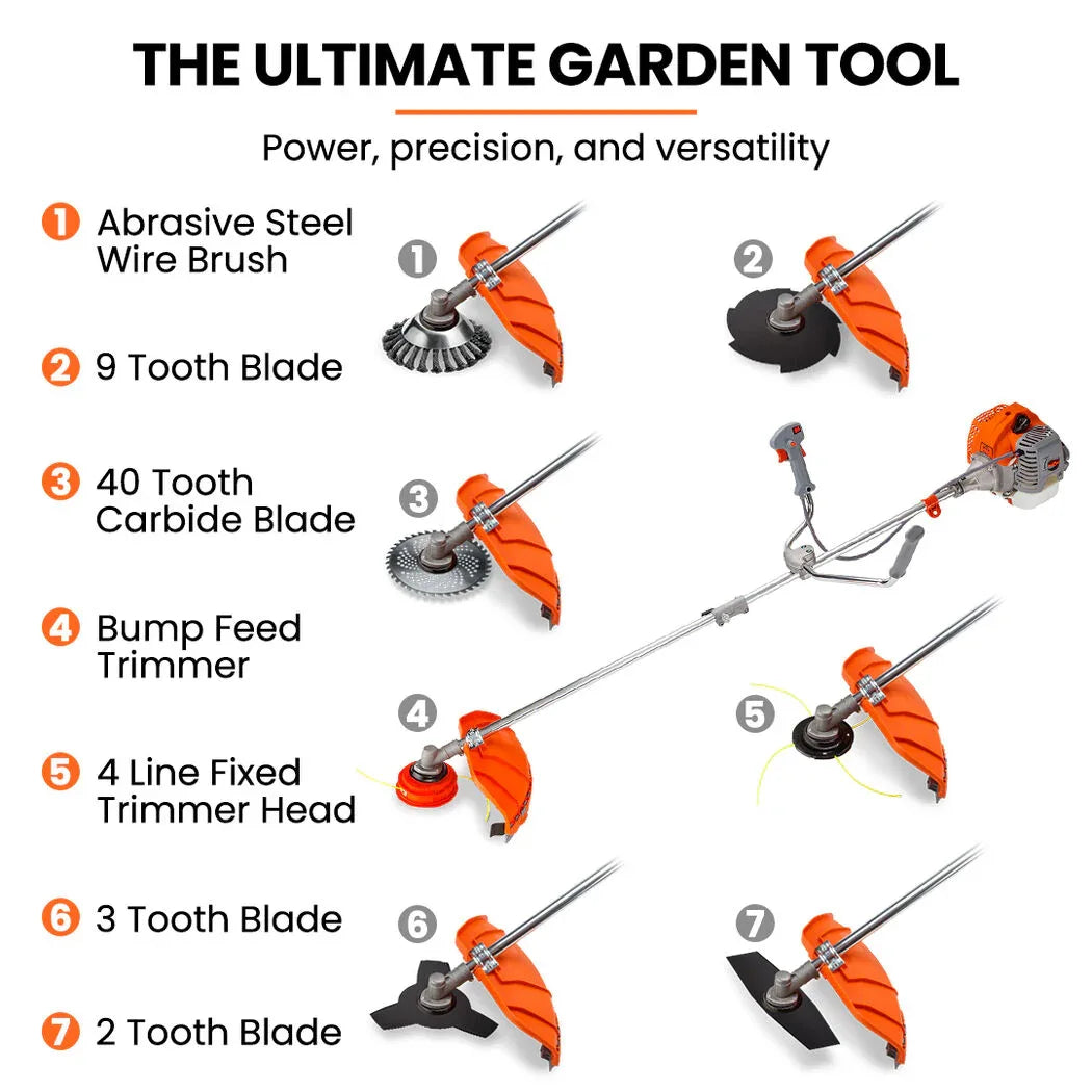 MTM 62cc 7in1 Brush Cutter Garden Multi-Tool , Pole Hedge & Line Trimmer, Bullhorn Handle, 12" Tree Trimming Pruning - Mekamart Australia