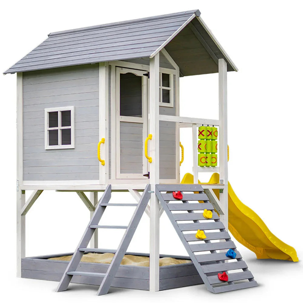 ROVO KIDS Wooden Tower Cubby House with Slide, Sandpit, Climbing Wall, Noughts & Crosses - Mekamart Australia