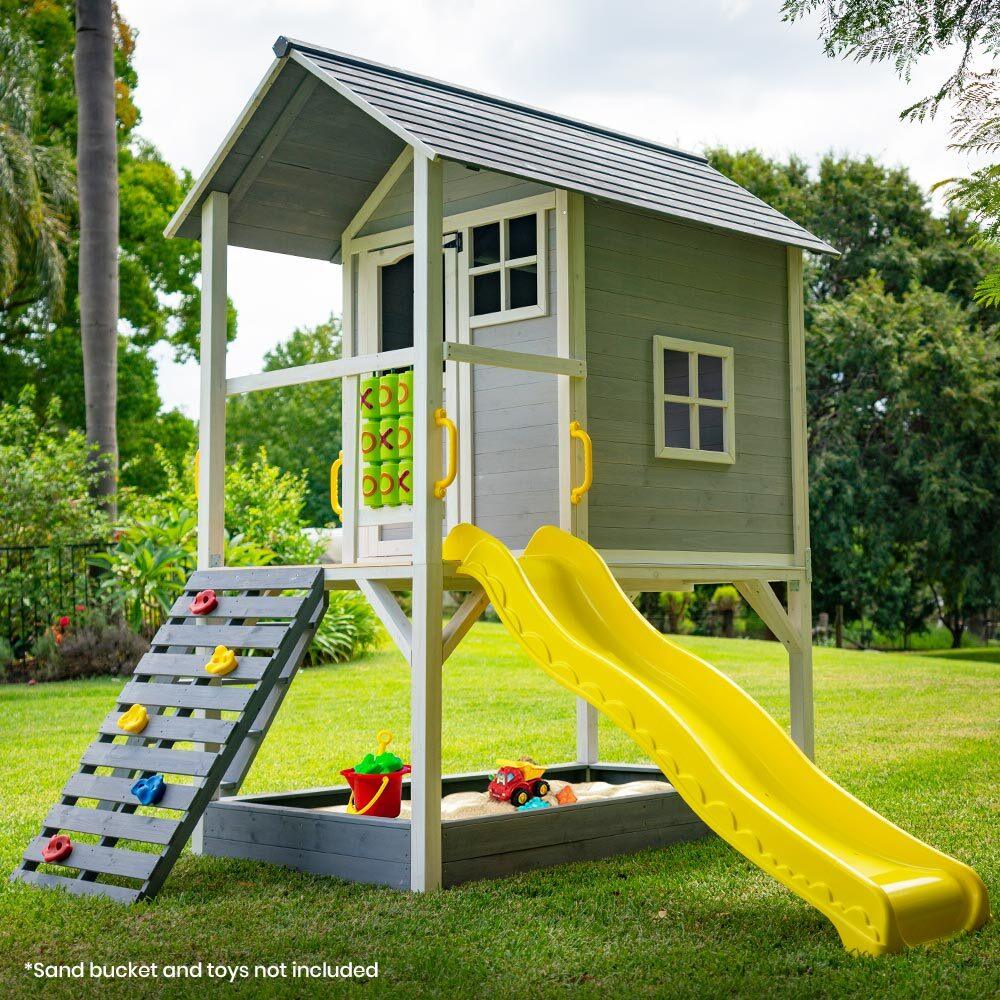ROVO KIDS Wooden Tower Cubby House with Slide, Sandpit, Climbing Wall, Noughts & Crosses - Mekamart Australia