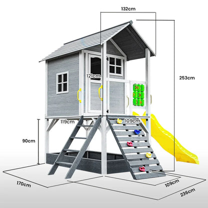 ROVO KIDS Wooden Tower Cubby House with Slide, Sandpit, Climbing Wall, Noughts & Crosses - Mekamart Australia