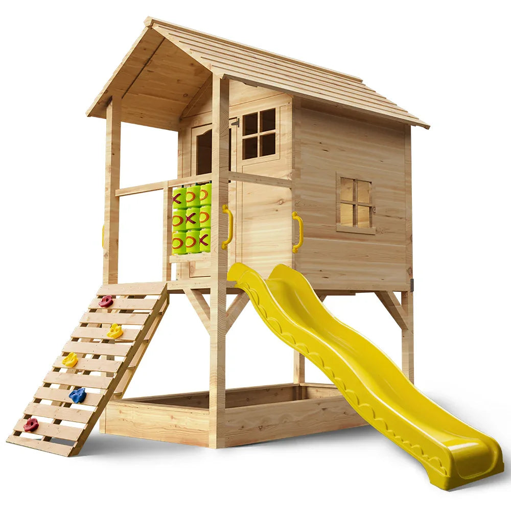 ROVO KIDS Wooden Tower Cubby House with Slide, Sandpit, Climbing Wall, Noughts & Crosses, Natural Colour - Mekamart Australia