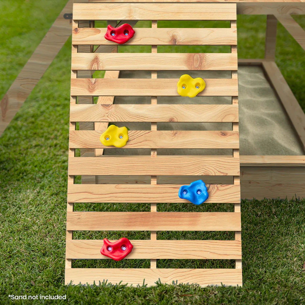 ROVO KIDS Wooden Tower Cubby House with Slide, Sandpit, Climbing Wall, Noughts & Crosses, Natural Colour - Mekamart Australia