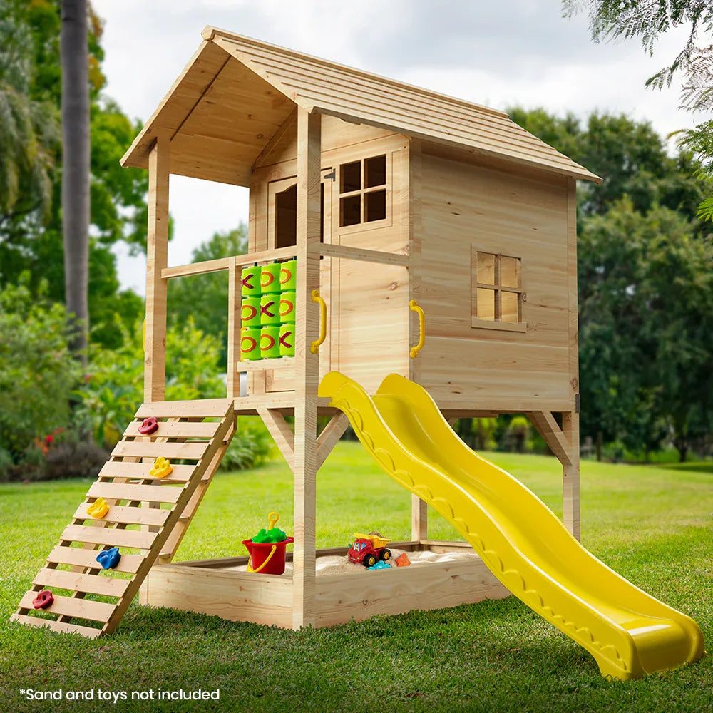 ROVO KIDS Wooden Tower Cubby House with Slide, Sandpit, Climbing Wall, Noughts & Crosses, Natural Colour - Mekamart Australia