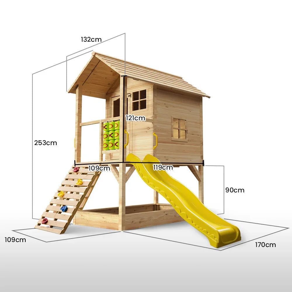 ROVO KIDS Wooden Tower Cubby House with Slide, Sandpit, Climbing Wall, Noughts & Crosses, Natural Colour - Mekamart Australia