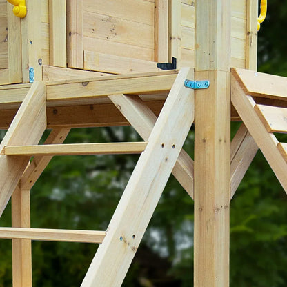 ROVO KIDS Wooden Tower Cubby House with Slide, Sandpit, Climbing Wall, Noughts & Crosses, Natural Colour - Mekamart Australia