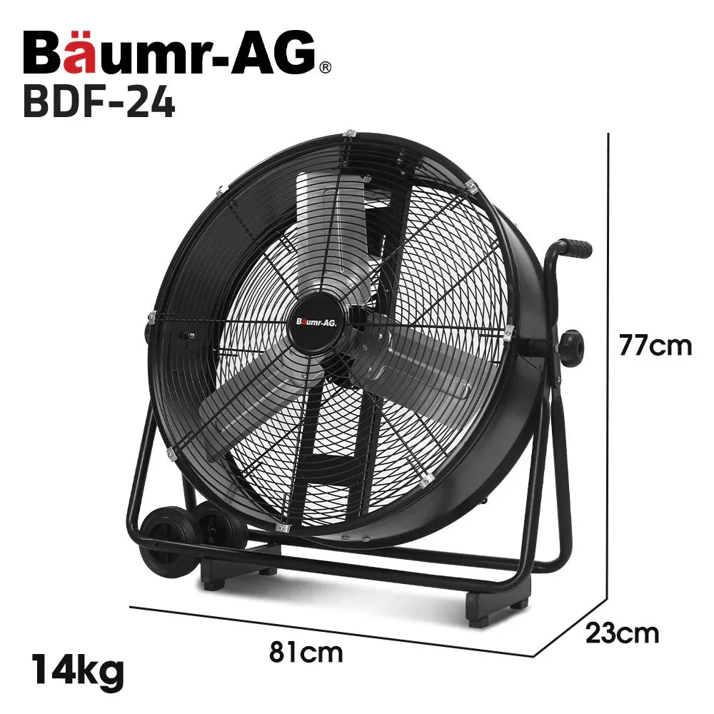 BAUMR-AG 24" 610mm 260W Industrial Mobile Floor Drum Fan, Tilting, Large, Commercial, Heavy-duty Frame, EESS Certified - Mekamart Australia