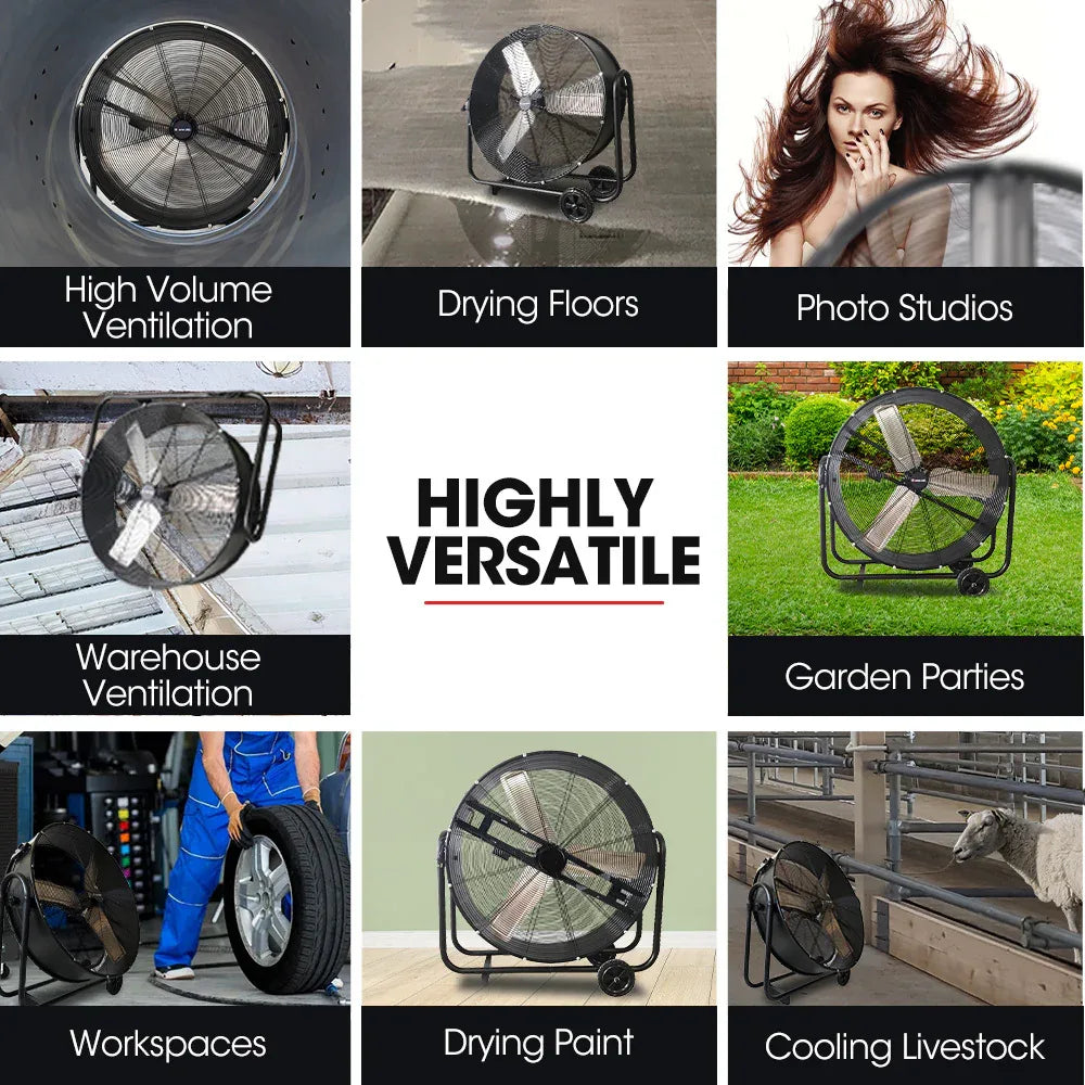 BAUMR-AG 36" 914mm Industrial Mobile Floor Drum Fan, 290W Brushless Motor, Tilting, Large, Commercial, Heavy-duty Frame, EESS Certified - Mekamart Australia