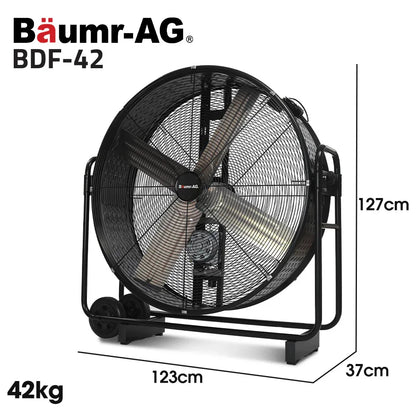 BAUMR-AG 42" 1067mm 660W Industrial Mobile Floor Drum Fan, Belt Drive, Tilting, Large, Commercial, Heavy-duty Frame, EESS Certified - Mekamart Australia