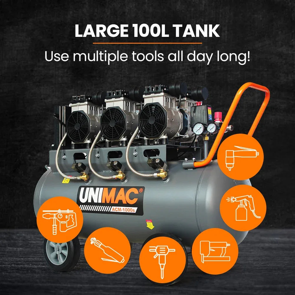 UNIMAC 100L 4.5HP Silent Oil-Free Air Compressor, with Twin Nitto Outlets, 15A Plug - Mekamart Australia