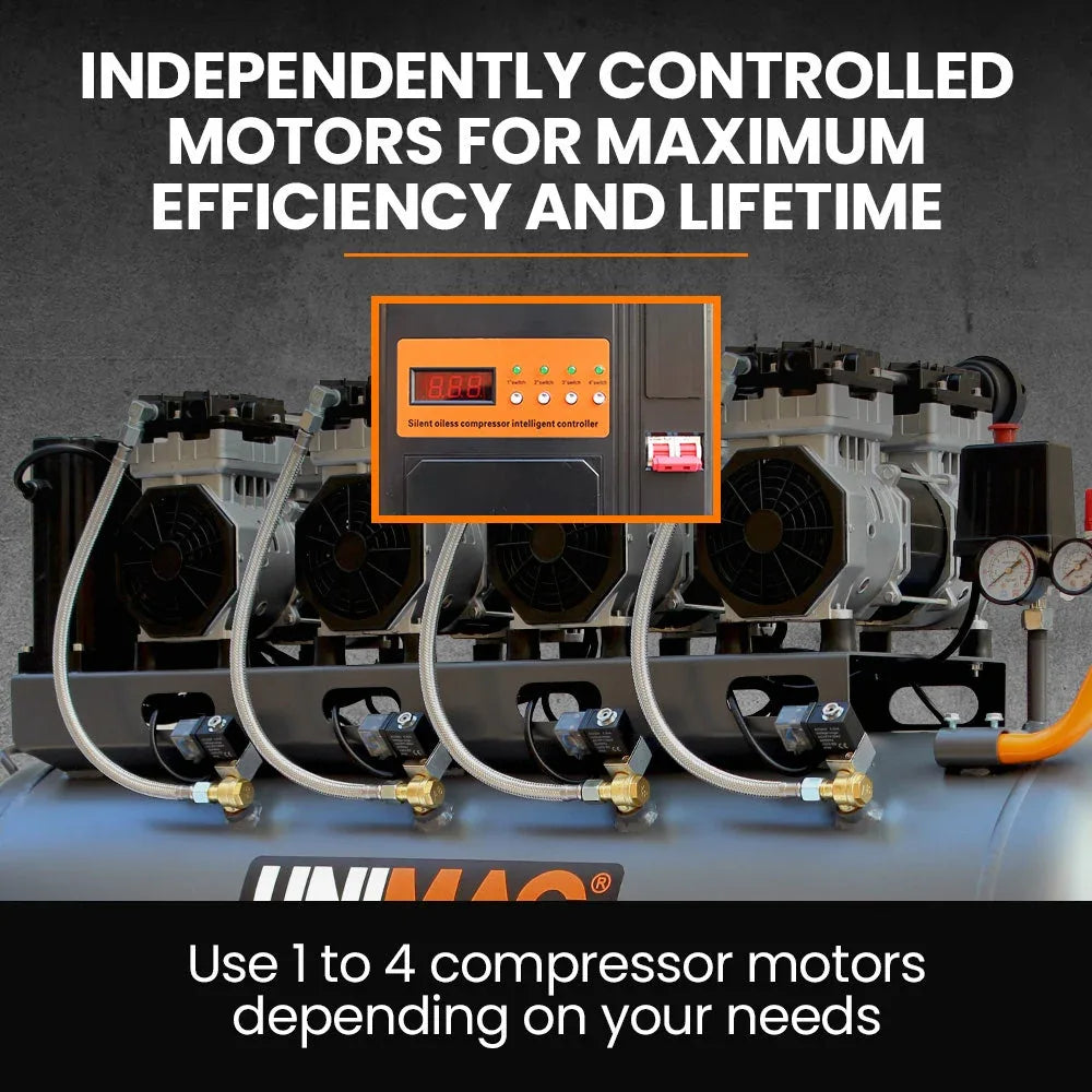 Unimac 150L 4.5HP Ultra-Slient Oil-Free Electric Air Compressor, Long Life Quad Motor, 116PSI Portable Heavy Duty, Twin Nitto Outlets, 15A Plug - Mekamart Australia