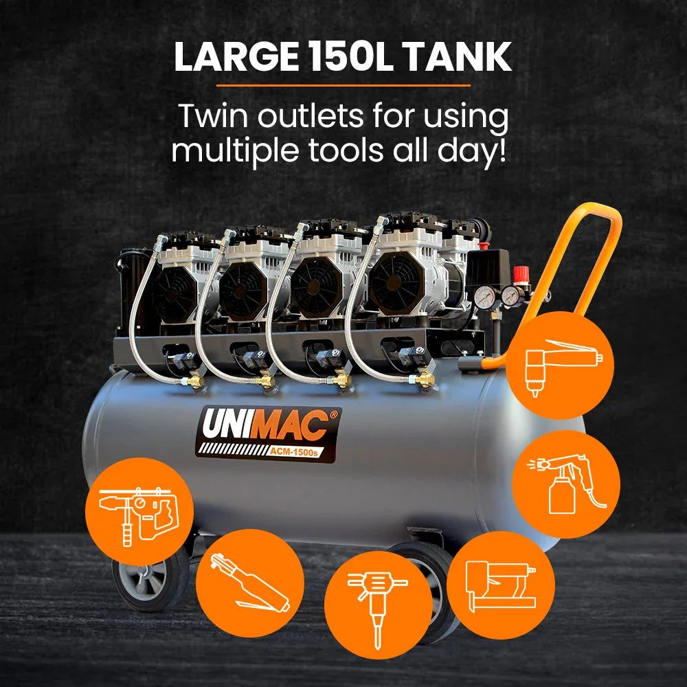 Unimac 150L 4.5HP Ultra-Slient Oil-Free Electric Air Compressor, Long Life Quad Motor, 116PSI Portable Heavy Duty, Twin Nitto Outlets, 15A Plug - Mekamart Australia