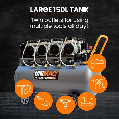 Unimac 150L 4.5HP Ultra-Slient Oil-Free Electric Air Compressor, Long Life Quad Motor, 116PSI Portable Heavy Duty, Twin Nitto Outlets, 15A Plug - Mekamart Australia