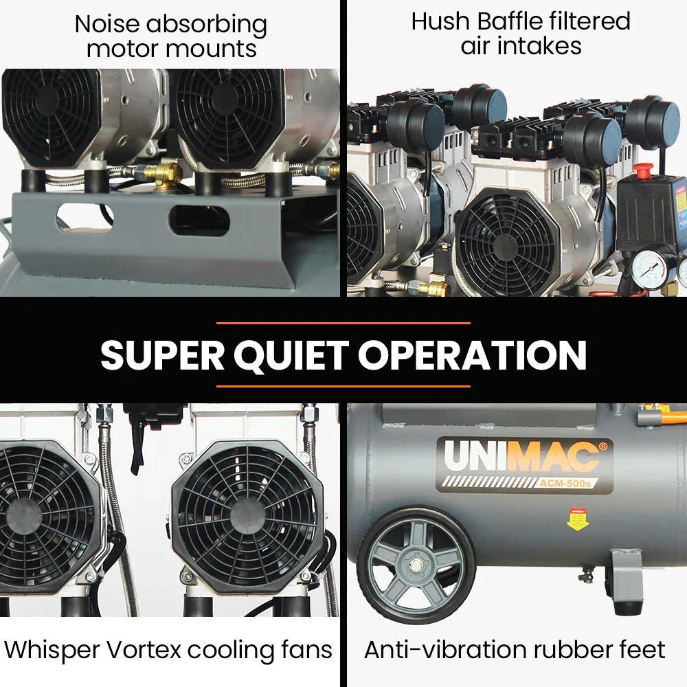 UNIMAC 50L 3.0HP Silent Oil-Free Electric Air Compressor, Portable, Twin Nitto Outlets - Mekamart Australia