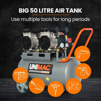 UNIMAC 50L 3.0HP Silent Oil-Free Electric Air Compressor, Portable, Twin Nitto Outlets - Mekamart Australia