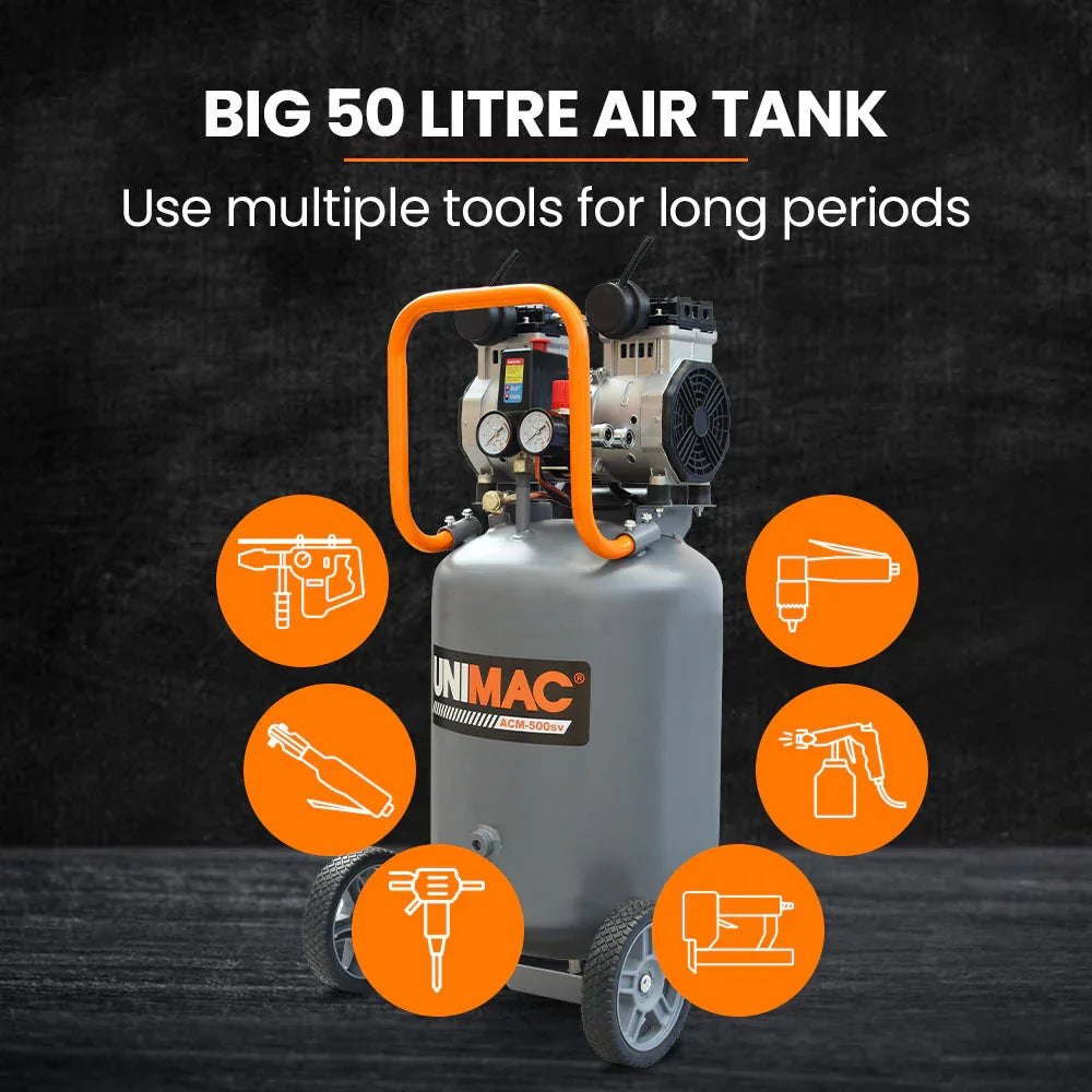 Unimac 2HP 50L Silent Oil-Free Portable Electric Air Compressor, Vertical, for Airtools, Tyre Inflation - Mekamart Australia