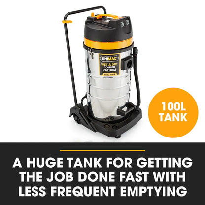 UNIMAC 100L 2400W Wet and Dry Vacuum Cleaner, Heavy-Duty Dual Copper Motors, Accessory Set, for Workshop Car Carpet - Mekamart Australia