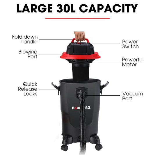 Baumr-AG 30L 1200W Wet and Dry Vacuum Cleaner, with Blower, for Car, Workshop, Carpet - Mekamart Australia