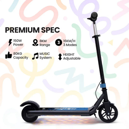 ALPHA Edge Electric Scooter Kids/Teens, 16km/h Max, Adjustable Height, UL Certified, AU Compliant, Dual Brakes, Bluetooth Music, LED, Blue - Mekamart Australia