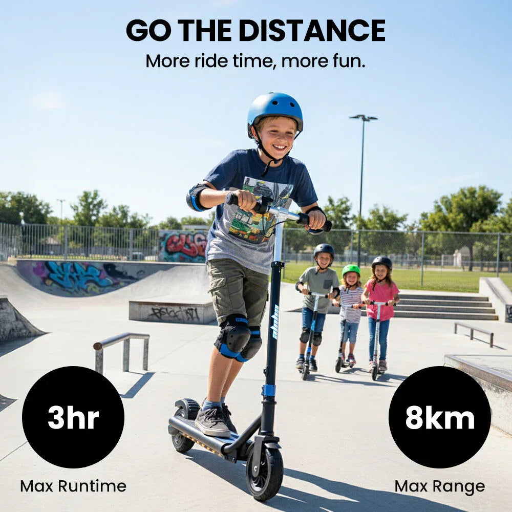ALPHA Edge Electric Scooter Kids/Teens, 16km/h Max, Adjustable Height, UL Certified, AU Compliant, Dual Brakes, Bluetooth Music, LED, Blue - Mekamart Australia