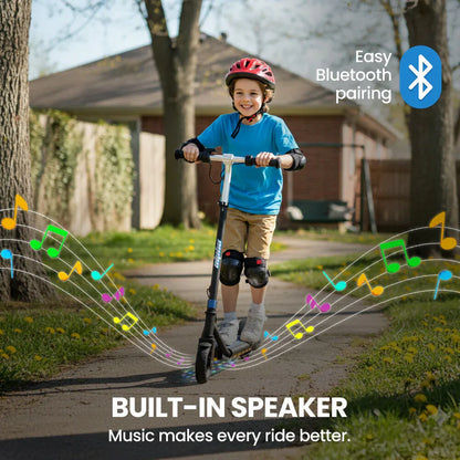 ALPHA Edge Electric Scooter Kids/Teens, 16km/h Max, Adjustable Height, UL Certified, AU Compliant, Dual Brakes, Bluetooth Music, LED, Blue - Mekamart Australia