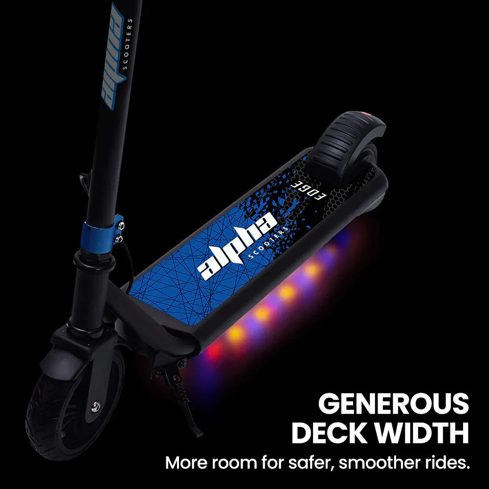 ALPHA Edge Electric Scooter Kids/Teens, 16km/h Max, Adjustable Height, UL Certified, AU Compliant, Dual Brakes, Bluetooth Music, LED, Blue - Mekamart Australia