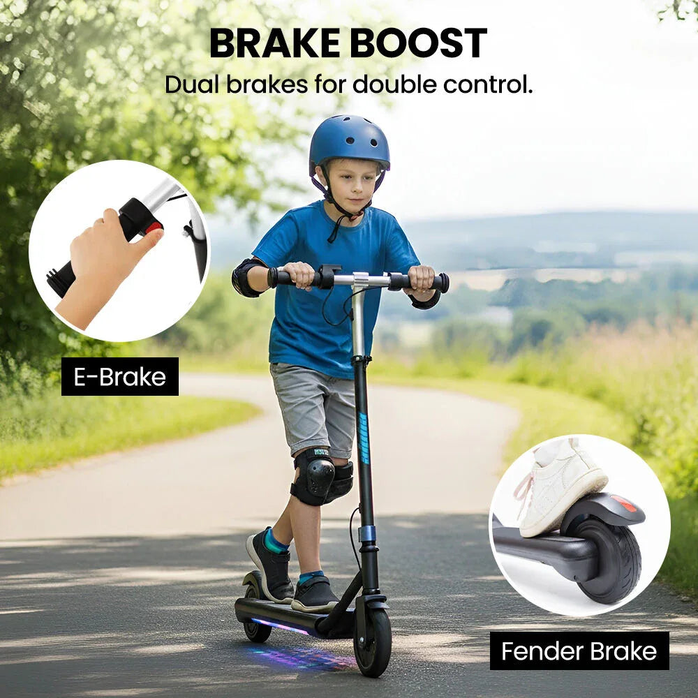 ALPHA Edge Electric Scooter Kids/Teens, 16km/h Max, Adjustable Height, UL Certified, AU Compliant, Dual Brakes, Bluetooth Music, LED, Blue - Mekamart Australia