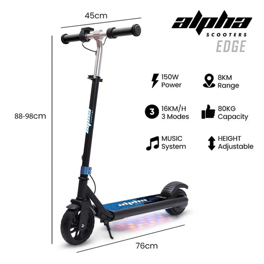 ALPHA Edge Electric Scooter Kids/Teens, 16km/h Max, Adjustable Height, UL Certified, AU Compliant, Dual Brakes, Bluetooth Music, LED, Blue - Mekamart Australia
