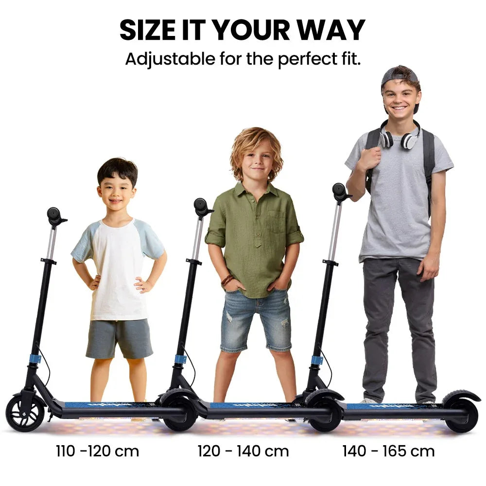 ALPHA Edge Electric Scooter Kids/Teens, 16km/h Max, Adjustable Height, UL Certified, AU Compliant, Dual Brakes, Bluetooth Music, LED, Blue - Mekamart Australia