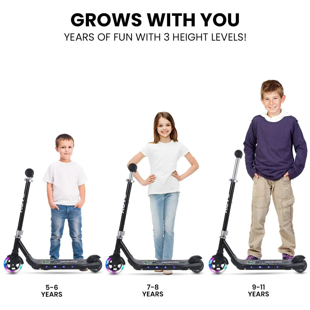ROVO KIDS WhizKid Electric Scooter, Ages 5-11, Adjustable Height, AU Compliant, Lithium Battery, Brushless Motor, Black - Mekamart Australia