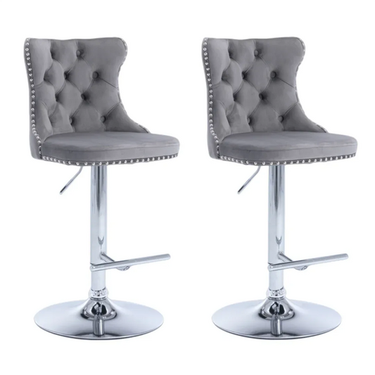 2x Height Adjustable Swivel Bar Stool Velvet Stud Barstool with Footrest and Chromed Base- Gray - Mekamart Australia