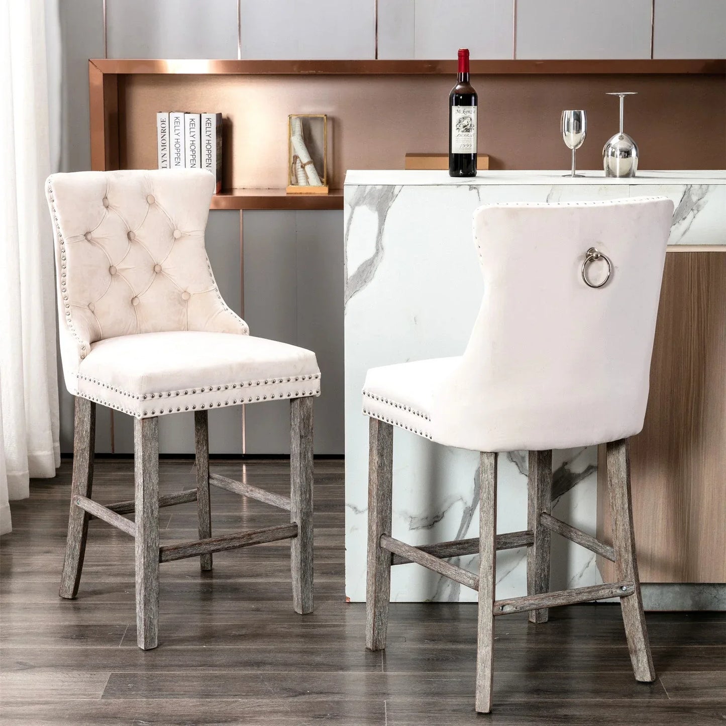 4X Velvet Bar Stools with Studs Trim Wooden Legs Tufted Dining Chairs Kitchen - Mekamart Australia