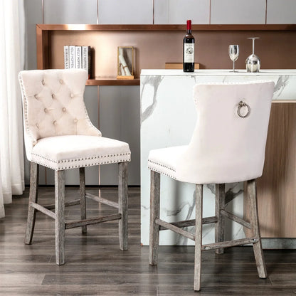 4X Velvet Bar Stools with Studs Trim Wooden Legs Tufted Dining Chairs Kitchen - Mekamart Australia