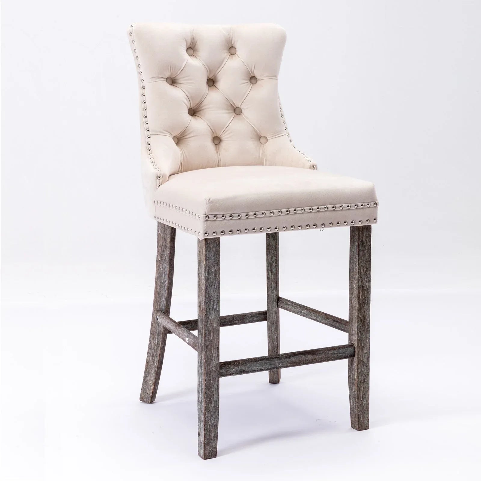 4X Velvet Bar Stools with Studs Trim Wooden Legs Tufted Dining Chairs Kitchen - Mekamart Australia
