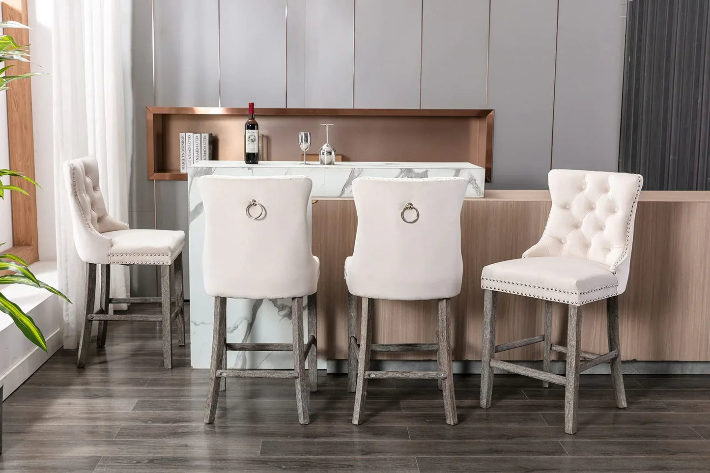 4X Velvet Bar Stools with Studs Trim Wooden Legs Tufted Dining Chairs Kitchen - Mekamart Australia