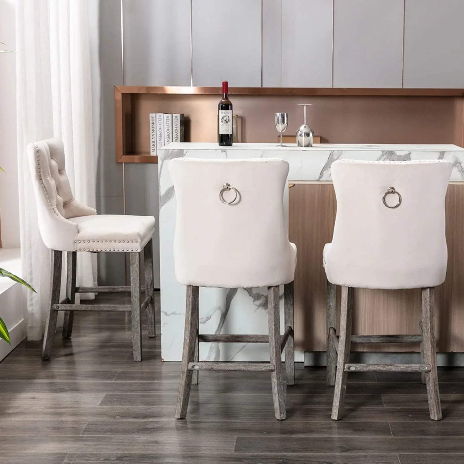 4X Velvet Bar Stools with Studs Trim Wooden Legs Tufted Dining Chairs Kitchen - Mekamart Australia