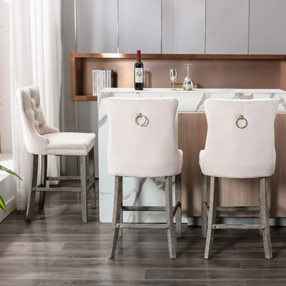 4X Velvet Bar Stools with Studs Trim Wooden Legs Tufted Dining Chairs Kitchen - Mekamart Australia