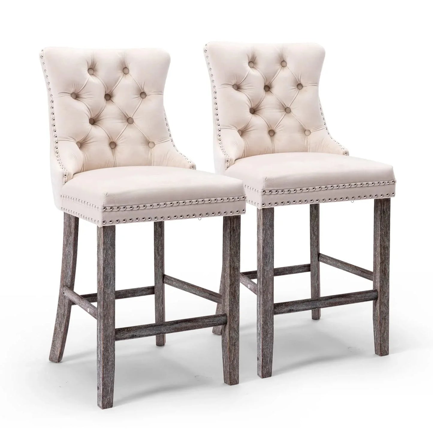 4X Velvet Bar Stools with Studs Trim Wooden Legs Tufted Dining Chairs Kitchen - Mekamart Australia