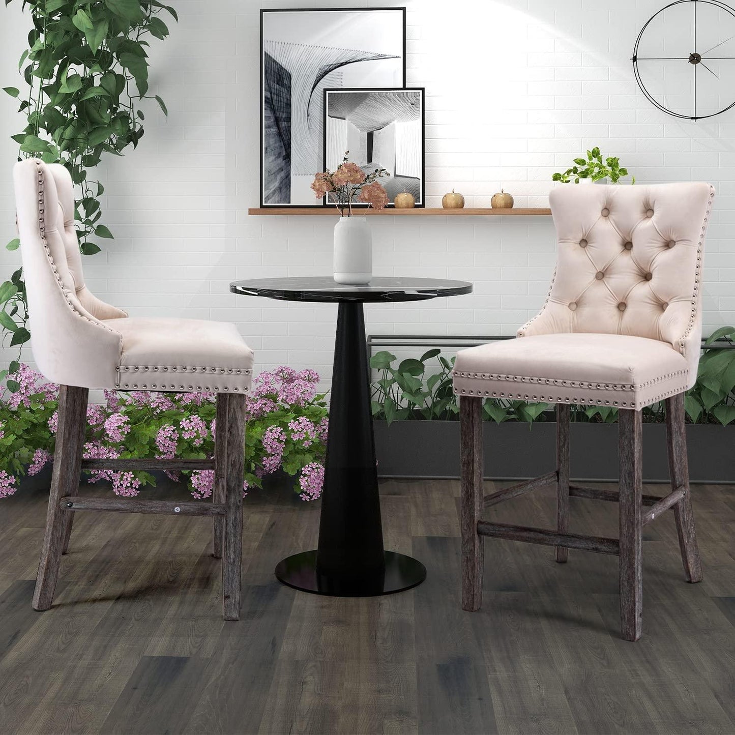 4X Velvet Bar Stools with Studs Trim Wooden Legs Tufted Dining Chairs Kitchen - Mekamart Australia