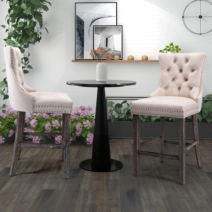 4X Velvet Bar Stools with Studs Trim Wooden Legs Tufted Dining Chairs Kitchen - Mekamart Australia