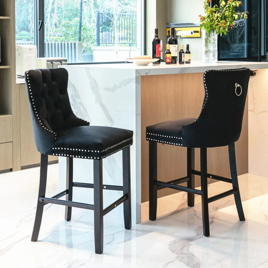 6X Velvet Bar Stools with Studs Trim Wooden Legs Tufted Dining Chairs Kitchen - Mekamart Australia