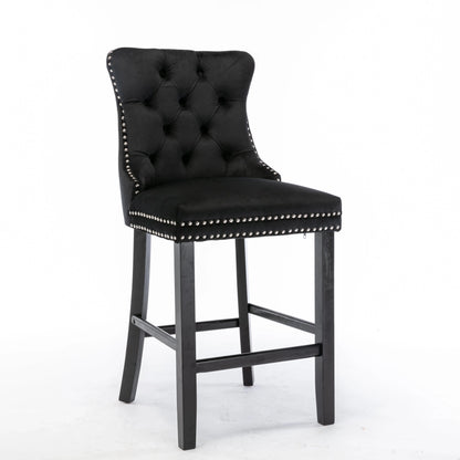 6X Velvet Bar Stools with Studs Trim Wooden Legs Tufted Dining Chairs Kitchen - Mekamart Australia