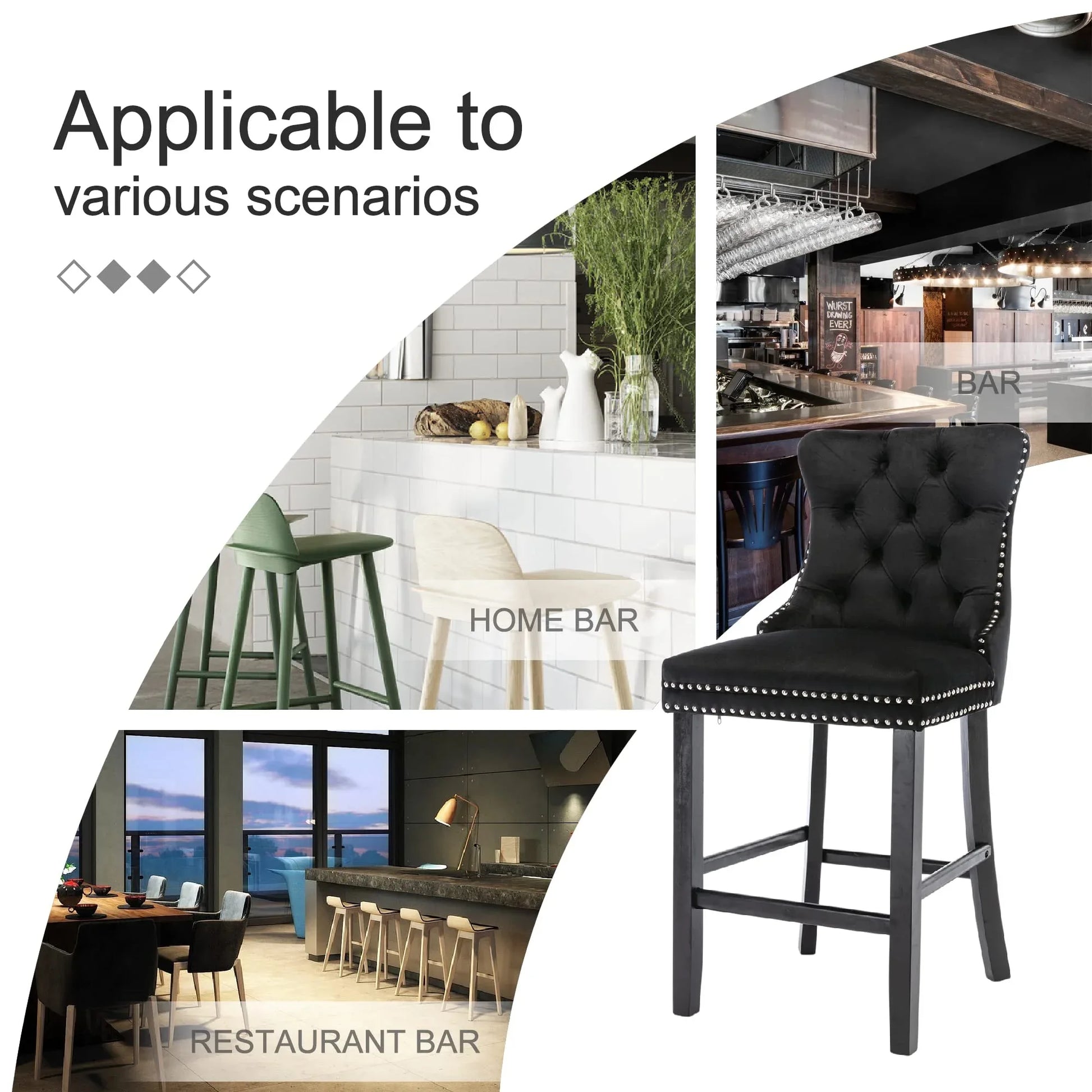 6X Velvet Bar Stools with Studs Trim Wooden Legs Tufted Dining Chairs Kitchen - Mekamart Australia