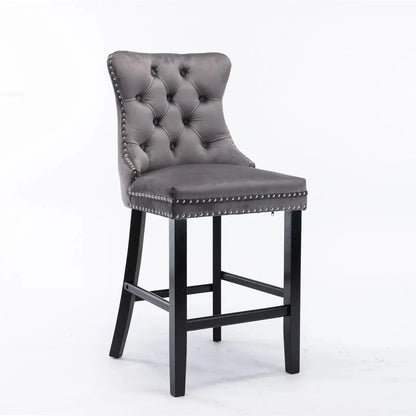 6X Velvet Bar Stools with Studs Trim Wooden Legs Tufted Dining Chairs Kitchen - Mekamart Australia
