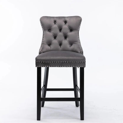 6X Velvet Bar Stools with Studs Trim Wooden Legs Tufted Dining Chairs Kitchen - Mekamart Australia