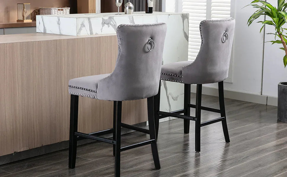 6X Velvet Bar Stools with Studs Trim Wooden Legs Tufted Dining Chairs Kitchen - Mekamart Australia