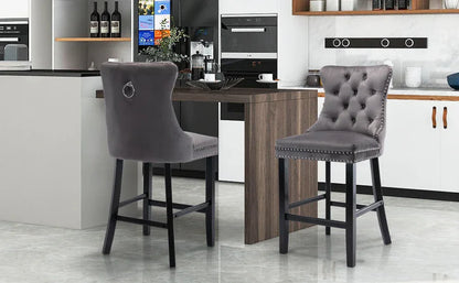 6X Velvet Bar Stools with Studs Trim Wooden Legs Tufted Dining Chairs Kitchen - Mekamart Australia